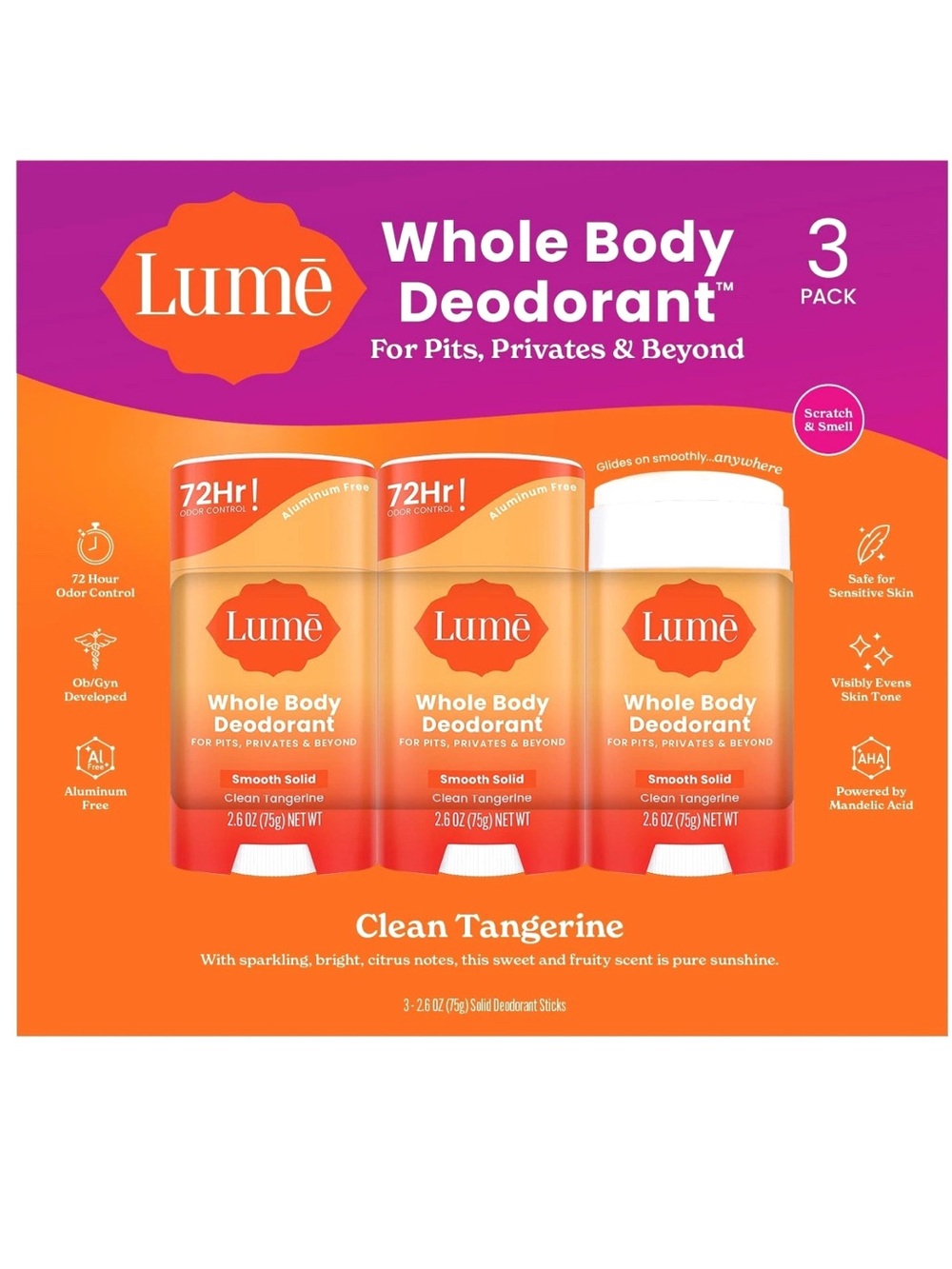 3 PK. LUME WHOLE BODY DEODORANT SMOOTH SOLID STICKS, CLEAN TANGERINE 3 X 2.6OZ